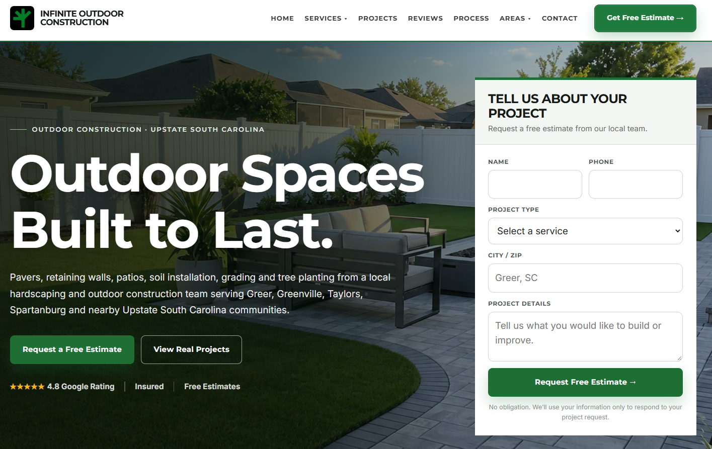 Captura del sitio web de Infinite Outdoor Construction