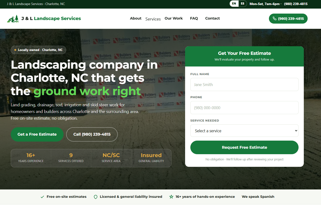 Captura del sitio web de J & L Landscape Services
