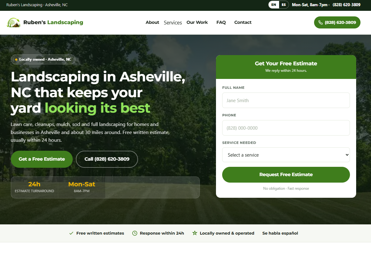 Captura del sitio web de Ruben’s Landscaping